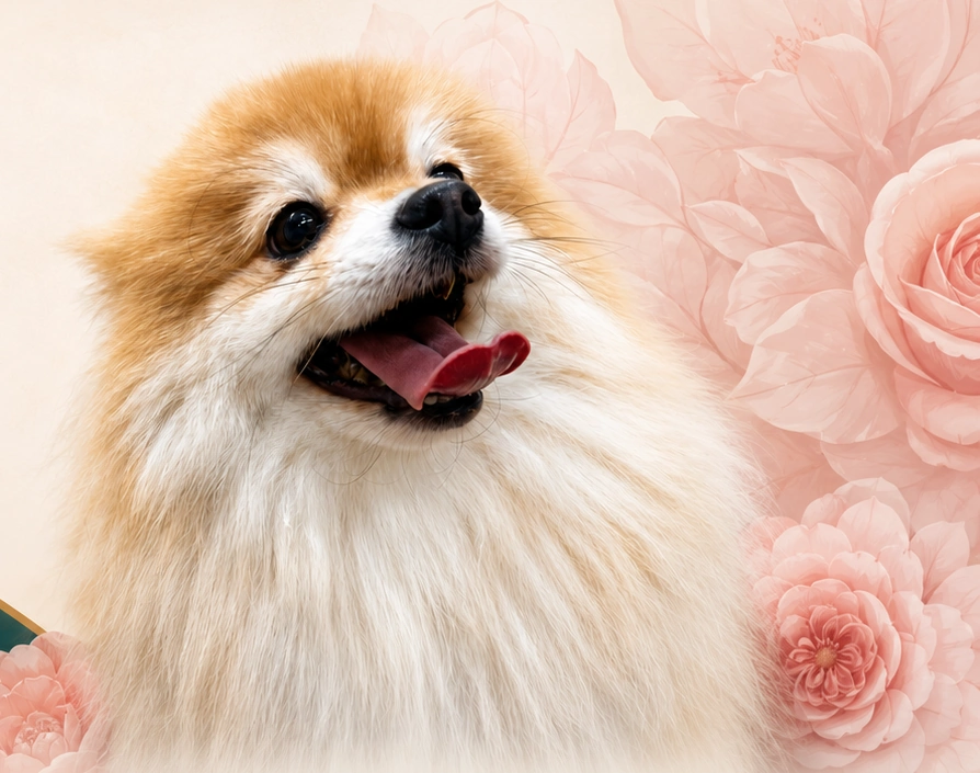 Spitz sorridente da Late e Mia entre flores em tons rosados